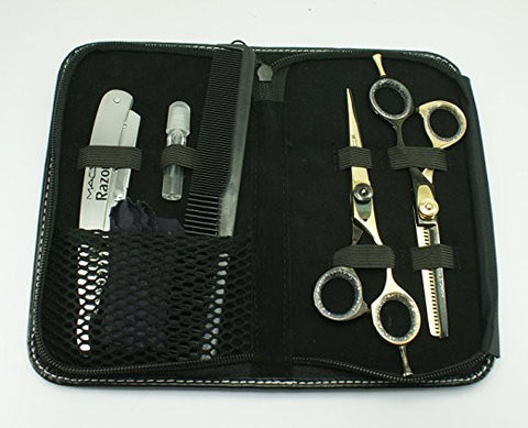 Professional Black & Gold Barber Scissor Razors Edge Hair Cutting Scissors Set Contain 5 PCs Made Of Japanese High Grade Stainless Steel 5.5" With Black Leather Case-15037
