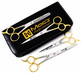 Macs Barber Scissor Hair Cutting Scissors Set Contain 4 Pcs Scissors With Half Gold Plated 5.5" + 6.5" +7.5" With 6.25" Texturizing /Thinning Shears Set Made Of High Grade Stainles Steel with Free Black Leather Case-15001