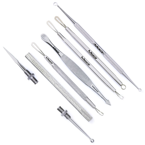 Delux Premium Blackhead & Blemish Remover Kit - Acne Treatment - 6 Professional Surgical Extractor Instruments - Extra Lancet - Cure Pimples, Blackheads, Comedones, & Facial Impurities-Macs-2010