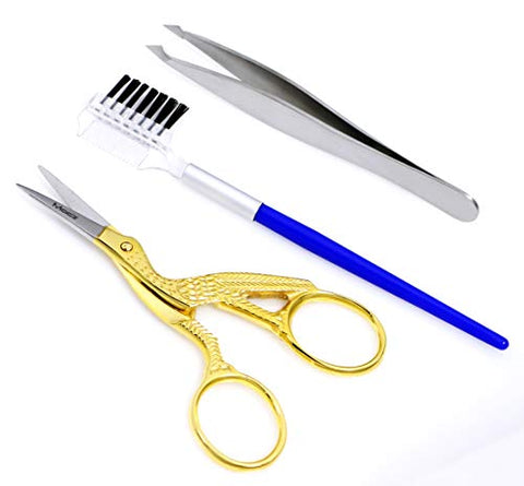 Macs Professional Dellux Eye Brow Complete Kit Include One Eye Brow Scissors, One Combo Eyebrow Tweezers and One Comb Made of High Grade Stainless Steel Comes with Black Leather Pouch-100867