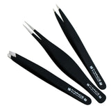 Macs BLACK 3 PCS TWEEZERS SET:- for Eyebrow Plucking, Ingrown Hair - Best for Eyebrow Hair, Facial Hair Removal - Stainless Steel Precision Sharp Tweezers for Splinters and Glass- Hair Removal Steel Pointy Ends Meet Perfectly