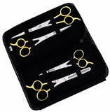 Macs Barber Scissor Hair Cutting Scissors Set Contain 4 Pcs Scissors With Half Gold Plated 5.5" + 6.5" +7.5" With 6.25" Texturizing /Thinning Shears Set Made Of High Grade Stainles Steel with Free Black Leather Case-15001
