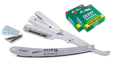 Macs Professional Barber Straight Edge Razor Safety with 200 Hi-Chromium Derby Blades - Easy Blades Replacement Mechanism - Close Shaving Men's Manual Shaver - Perfect for Barbershops - Macs-053B2